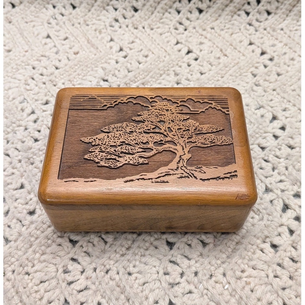 Lasercraft Vintage Solid Walnut Jewelry Box Laser Engraved Bonsai Tree 6x4x2